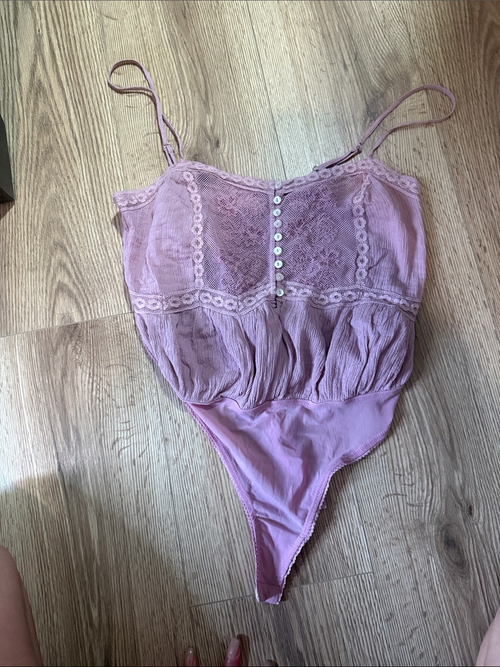 Lace-Trim Pink Bodysuit Chemise with Button-Front Detail
